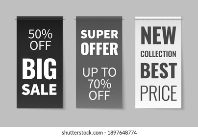 Etiquetas textiles. Etiquetas de ropa de tela cosida, elegantes folletos de descuento en blanco, negro, gris, inscripciones de temporada de venta. Piezas cuadradas 3D de tela con texto para promocionar banners realistas vectoriales