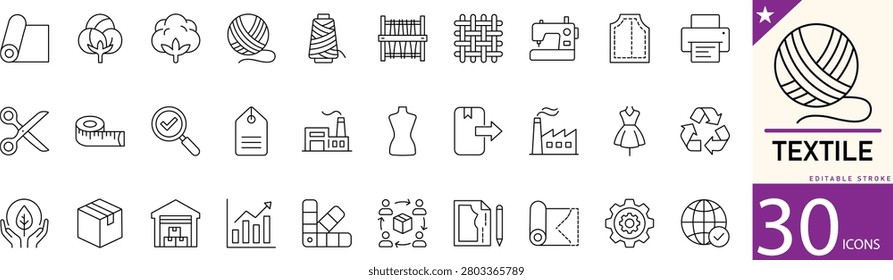 Textile line icon set for fabric, clothing, sewing, weaving, yarn, and garment production. Editable vector icons for fashion brands, textile manufacturing, and apparel industry projects.