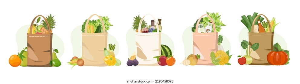 Textile linen shopping bags set with farmers market with fruits, vegetables, wine and snacks. Reusable recyclable plastic free shopper, vector Illustration 