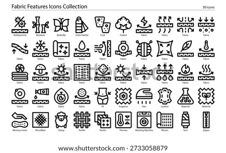 Textile and material icons featuring fabric types, textures, material properties, and textile characteristics symbols.