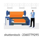 Textile material quality control, manufacturing with automatic machines, worker vector illustration.