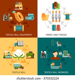 Textile mill production workers and equipment with fabric and threads 4 flat icons square composition abstract vector illustration 