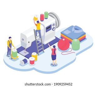 Textile Mill Spinning Industry Isometric Composition With Small Characters Of Workers On Top Of Sewing Machine Vector Illustration