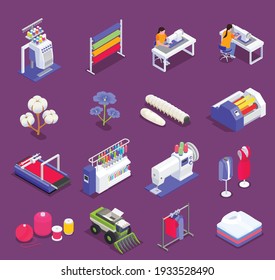 Isoometrische Symbole der Textilmühle und Spinnerei-Industrie, einzelne Vektorgrafik