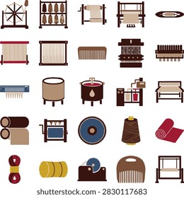 Textile mill and weaving icon set with spinning frame, bobbin creel, warping beam, weaving loom, shuttle, heddle frame, reed comb, jacquard head. Flat vector icons, transparent background