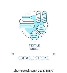 Textile mills turquoise concept icon. Distribution of yarn. Business subsector abstract idea thin line illustration. Isolated outline drawing. Editable stroke. Arial, Myriad Pro-Bold fonts used