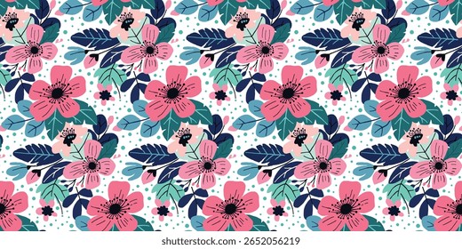 padrão de design de motivos têxteis de flores e folhas, com um tema de jardim
