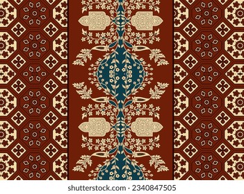 Textile Mughal Floral Motif Border Pattern.Traditional Indian Motif.Traditional Arabic motifsdigital flowers design and leaves motif.beautiful scarf print design for textile print in fabric.