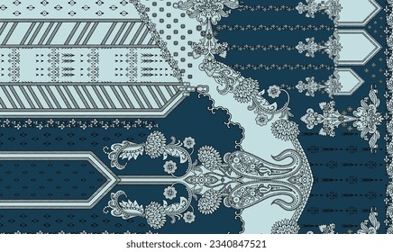 Textile Mughal Floral Motif Border Pattern.Traditional Indian Motif.Traditional Arabic motifsdigital flowers design and leaves motif.beautiful scarf print design for textile print in fabric.