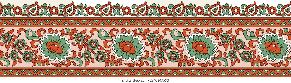 Textile Mughal Floral Motif Border Pattern.Traditional Indian Motif.Traditional Arabic motifsdigital flowers design and leaves motif.beautiful scarf print design for textile print in fabric.