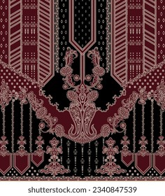 Textile Mughal Floral Motif Border Pattern.Traditional Indian Motif.Traditional Arabic motifsdigital flowers design and leaves motif.beautiful scarf print design for textile print in fabric.