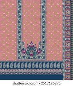 Textile Mughal Floral Motif Border Pattern. Traditional Indian Motif. Traditional Arabic motifs digital flowers design and leaves motif.