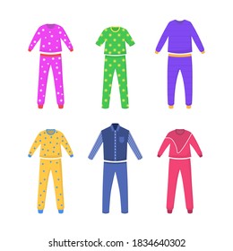 Textile night clothes for kids and parents sleepwear bedtime pajama colored pictures. A set of pajamas for sleep, parties, holidays. Nightwear, nightdress, nightshirt. Vector flat illustration. 