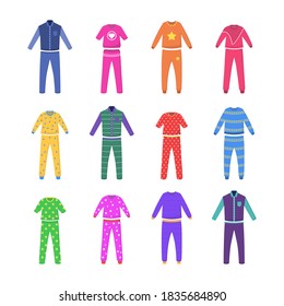 Textile night clothes for kids and parents sleepwear bedtime pajama colored pictures. A set of pajamas for sleep, parties, holidays. Nightwear, nightdress, nightshirt. Vector flat illustration. 