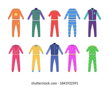 Textile night clothes for kids and parents sleepwear bedtime pajama colored pictures. A set of pajamas for sleep, parties, holidays. Nightwear, nightdress, nightshirt. Vector flat illustration. 