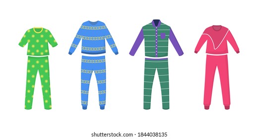 Textile night clothes for kids and parents sleepwear.  Colored bedtime pajama pictures. A set of pajamas for sleep, holidays. Nightwear, nightdress concept. Flat Vector nightshirt illustration. 