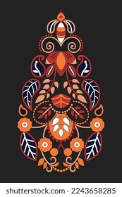 Textile Ornament Floral Baroque and Paisley motif with orange, orange red, reddish orange, tealish blue, white and black color