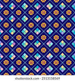 Textile Ornaments, Fabric, Seamless Vector Pattern, Print, Native, Yellow and Blue, Pixel Art