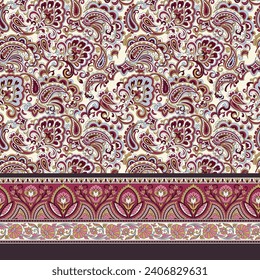 textile paisley border pattern on red background