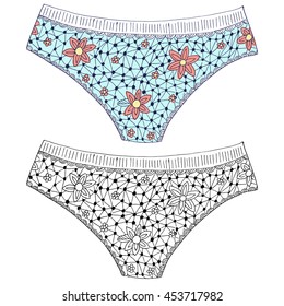 Textile panties zen tangle and doodle. Underpants zentangle vector. Underwear for woman coloring book