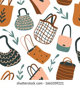 Bolsas de papel y textiles sin fisuras. Dibujo manual de eco-vida. Ilustración vectorial plana. Textura con bolsas de compra reutilizables para el doodle. Vamos verde, no hay concepto de plástico. Cero compras de basura