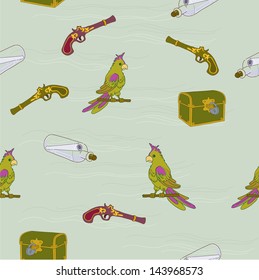 Textile with parrot, bottle and pistol