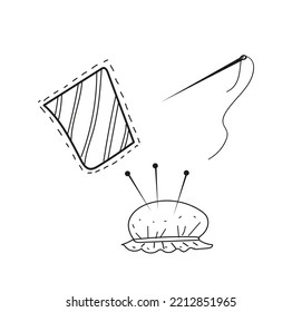 textile patch, needle with thread, pins, a set of tools for sewing and repairing clothes. Mending clothes.Vector doodle hand drawn set.