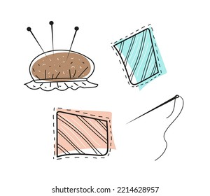 textile patch, needle with thread, pins, a set of tools for sewing and repairing clothes. Mending clothes.Vector doodle hand drawn set.
