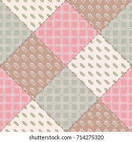 Textile patchwork pattern with floral motifs, polka dot and peonies. Hand drawn decorative background ideal for fabric or paper