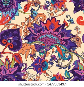 Textile pattern based on oriental paisley patterns. Seamless vintage floral background.