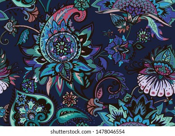 Textile pattern based on oriental paisley patterns. Seamless vintage floral background.