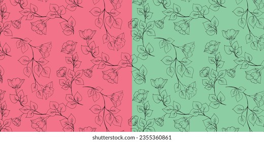 Textile pattern with black silhouette drawn floral pattern on red green background