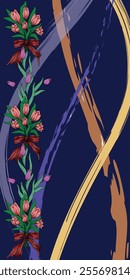 Textile pattern with brush pattern and tulip bouquet on dark blue background, vector drawing