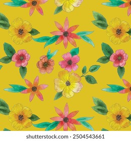 Stoffmuster mit bunten Blumen auf gelbem Hintergrund, Vektorgrafik