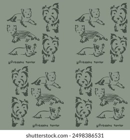 Textile pattern with cute little dogs. Decorative Yorkshire terrier in funny lying poses. Stylized Yorkshire Terrier. Vector drawing of a small dog. Gestalt animal design