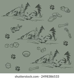 Textile pattern with cute little dogs. Decorative Yorkshire terrier in funny lying poses. Stylized Yorkshire Terrier. Vector drawing of a small dog. Gestalt animal design