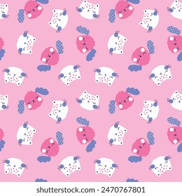 textile pattern design for baby fashion with cute kitty and puppy head drawing and slogan as vector