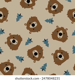 textile pattern design with cute bear head and tree drawing as vector