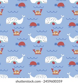textile pattern design with cute whale, crab cartoon drawing as vector