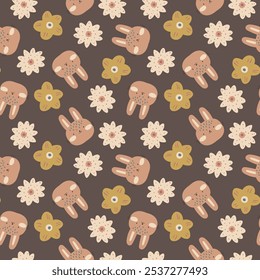 textile pattern design with flowers and cute bunny head drawing as vector