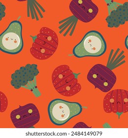 textile pattern design for kids fashion with cute tomato, avocado, radish and broccoli as vector