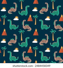 textile pattern design for kids fashion with dinosaur as vector