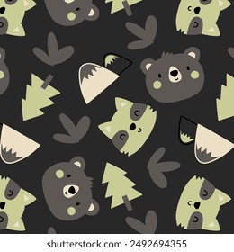 textile pattern design for kids fashion with cute bear raccoon head and tree drawing as vector
