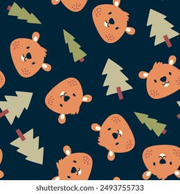 textile pattern design for kids fashion with cute squirrel and tree drawing as vector