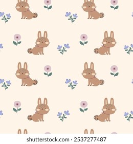 textile pattern design with romantic tiny flowers and cute bunny drawing as vector