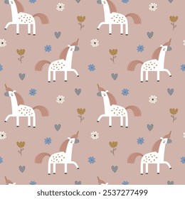 textile pattern design with romantic tiny flowers and cute unicorn drawing as vector