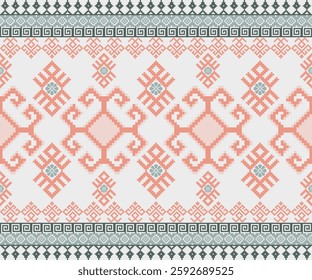 Textile Pattern A detailed textile pattern in pastel colors featuring geometric motifs, creating a sense of tradition, and heritage.pixel fabric