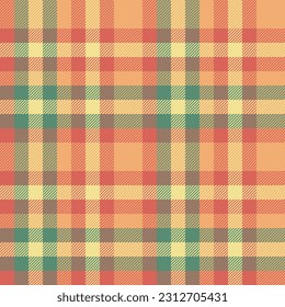 Textile pattern fabric of texture check vector with a seamless plaid tartan background in red and orange colors.