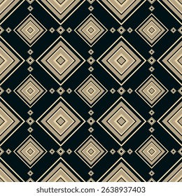 A textile pattern features a sophisticated, symmetrical Art Deco seamless design with layered diamond shapes in beige and black tones in vector illustration