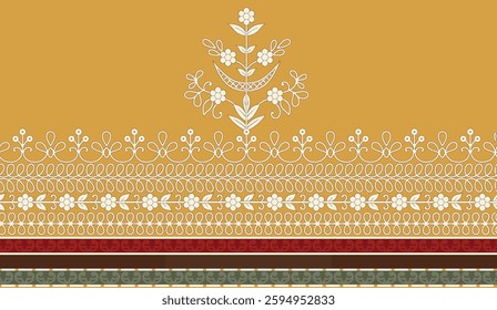 A textile pattern featuring floral and geometric designs with a mustard yellow background, for textile, wallpaper, gift wrapping, print